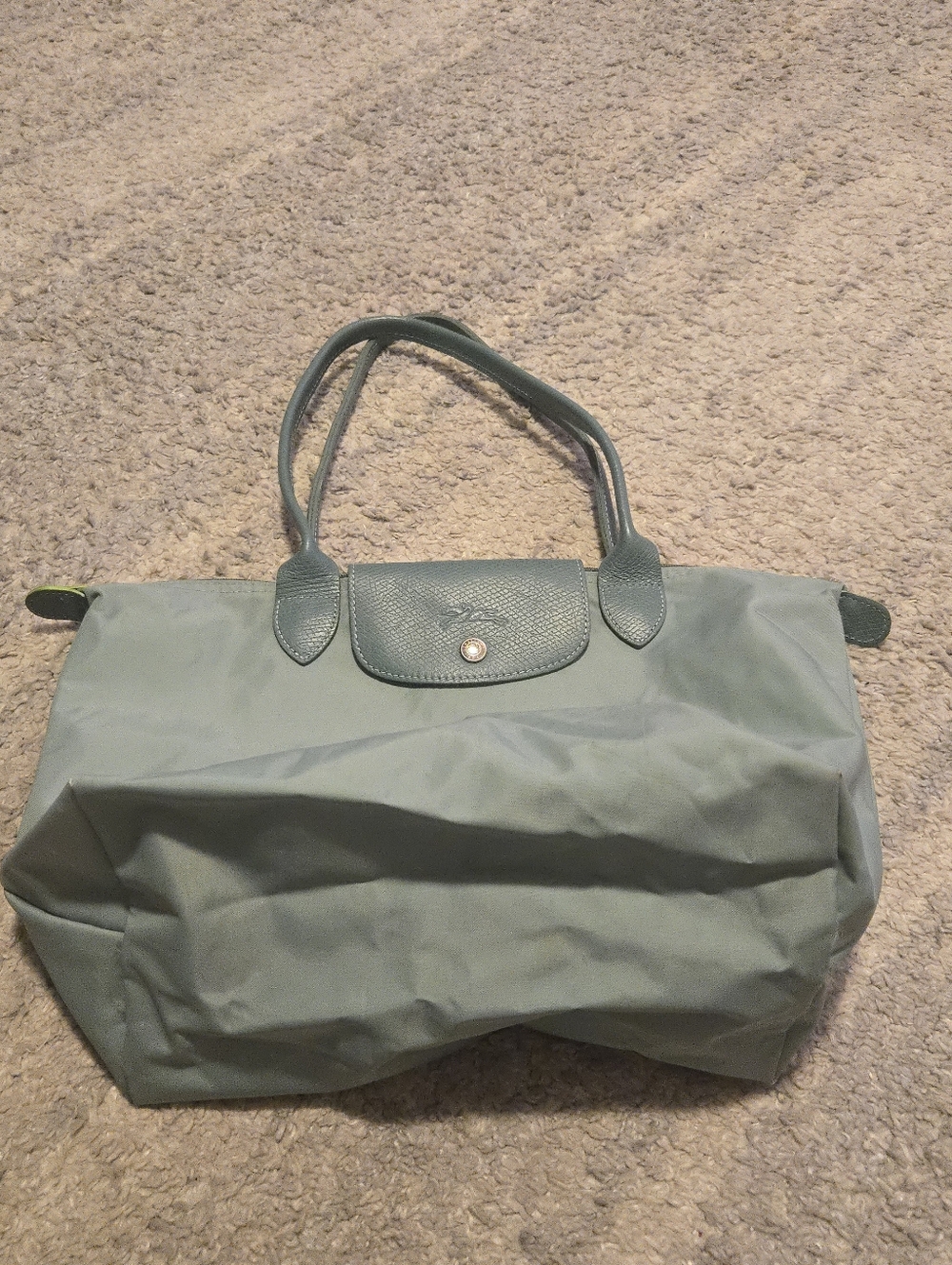 Longchamp Le Pliage Club Medium Shoulder Tote Bag Blue Mist Neon Green Trim - Picture 2 of 15